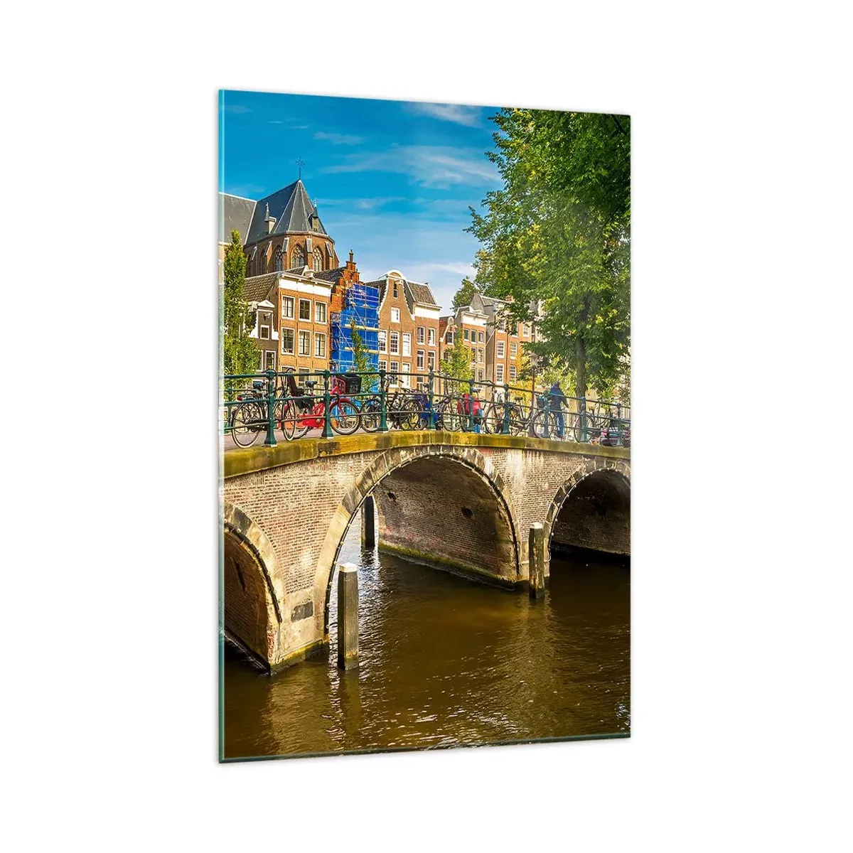 Impression sur verre - Image sur verre - Un canal pittoresque avec un pont à Amsterdam - 80x120cm - Le printemps sur le canal - Décoration murale moderne pour le salon et la chambre ARTTOR