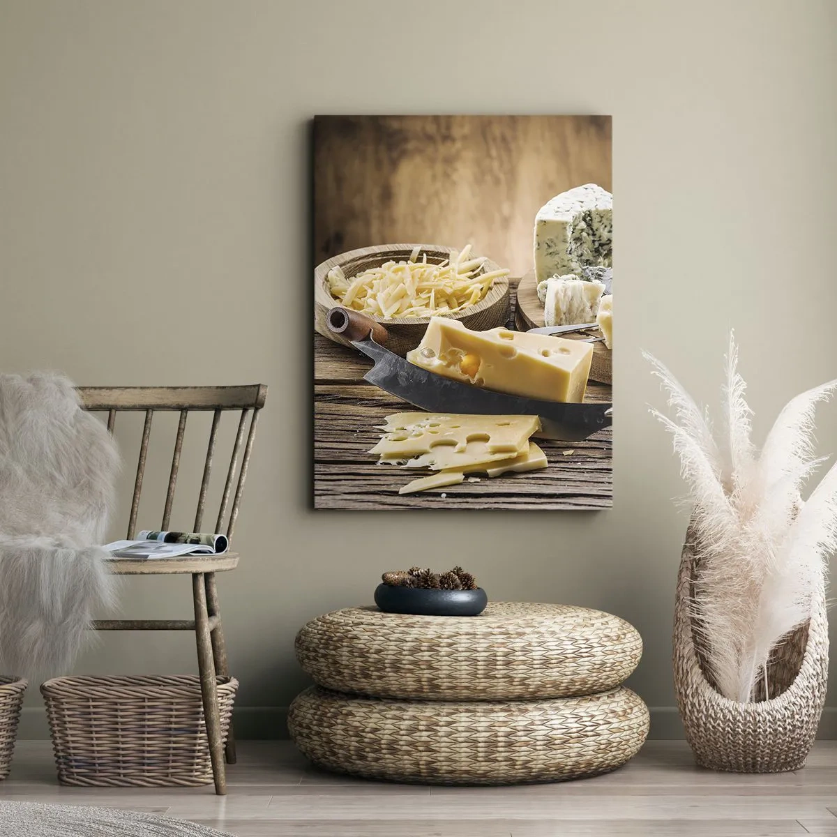 Impression sur toile - Image sur toile - Un plateau de fromages avec différents types sur une table en bois - 80x120cm - Sourire au fromage - Décoration murale moderne pour le salon et la chambre ARTTOR