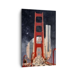 Impression sur toile - Image sur toile - Le Golden Gate Bridge avec la ville en arrière-plan contre un ciel étoilé - 80x120cm - Toujours au centre - Décoration murale moderne pour le salon et la chambre ARTTOR