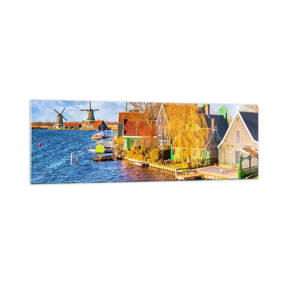 Impression sur verre - Image sur verre - Maisons pittoresques et moulins à vent au bord de l'eau - 160x50cm - C'est pareil depuis des lustres - Décoration murale moderne pour le salon et la chambre ARTTOR