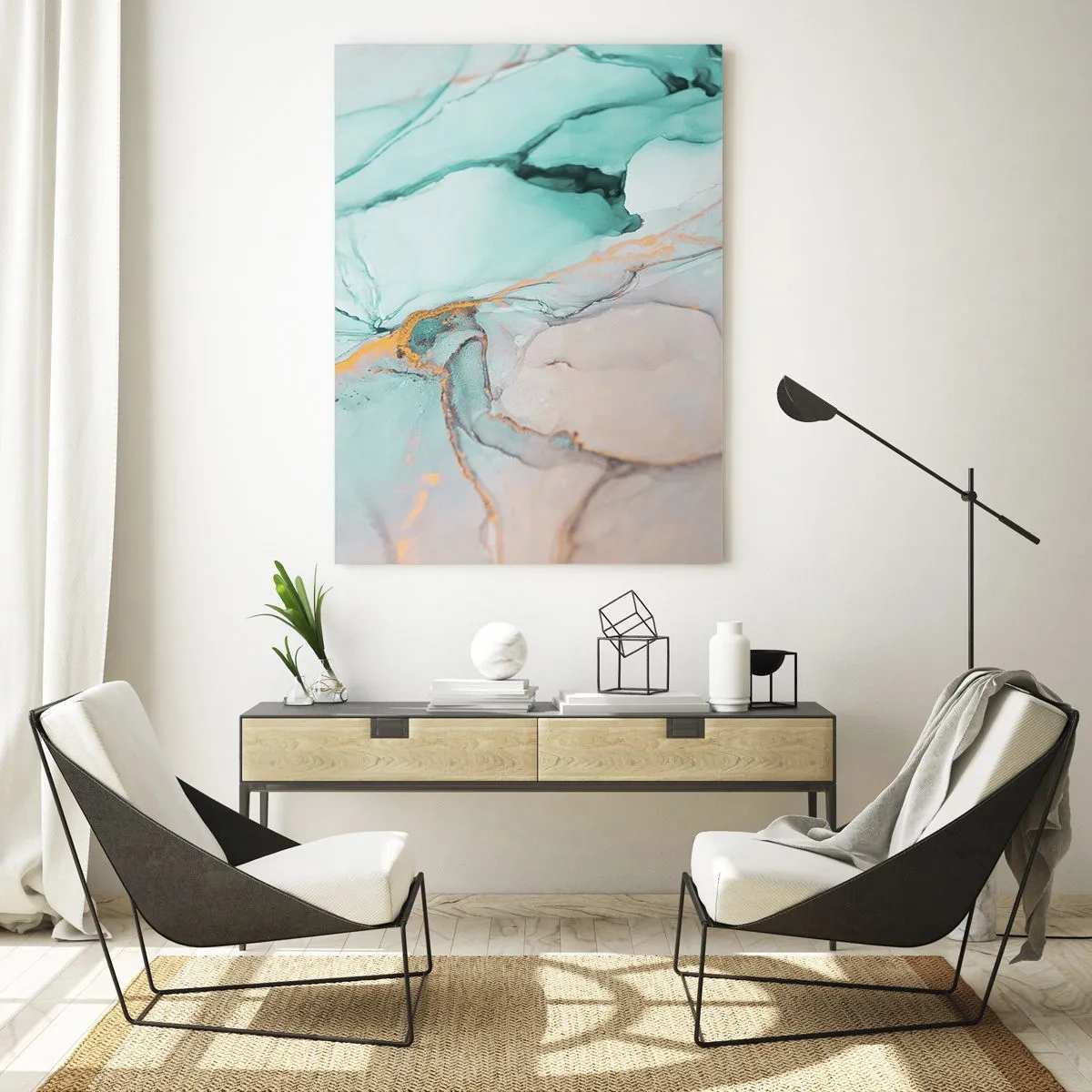 Impression sur verre - Image sur verre - Une composition abstraite dans des tons turquoise et or. - 70x100cm - Danse des formes et des couleurs - Décoration murale moderne pour le salon et la chambre ARTTOR