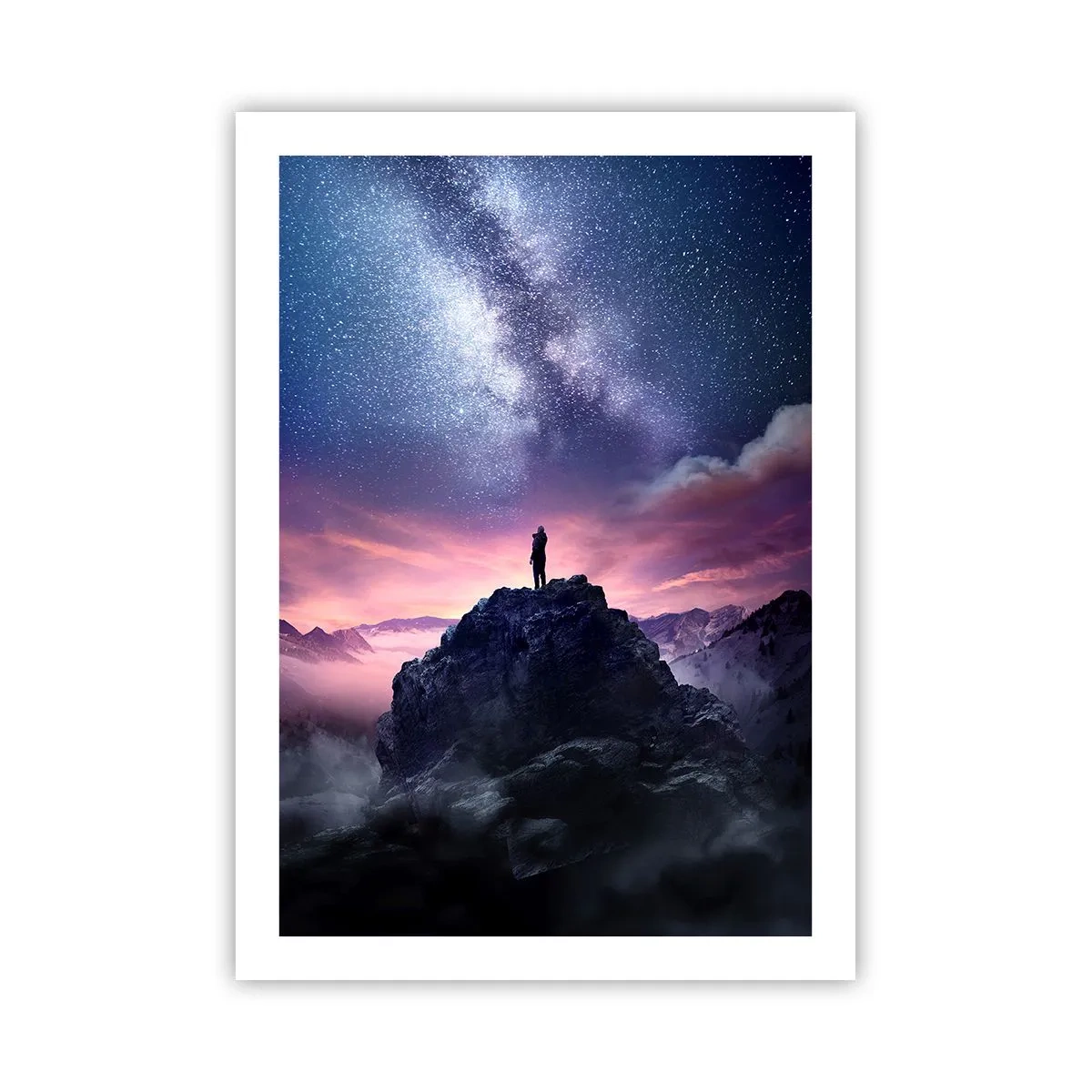 Affiche - Poster - Silhouette d'une personne au sommet d'une montagne sous un ciel étoilé - 50x70cm - Et il a ressenti la vie - Décoration murale moderne pour le salon et la chambre ARTTOR