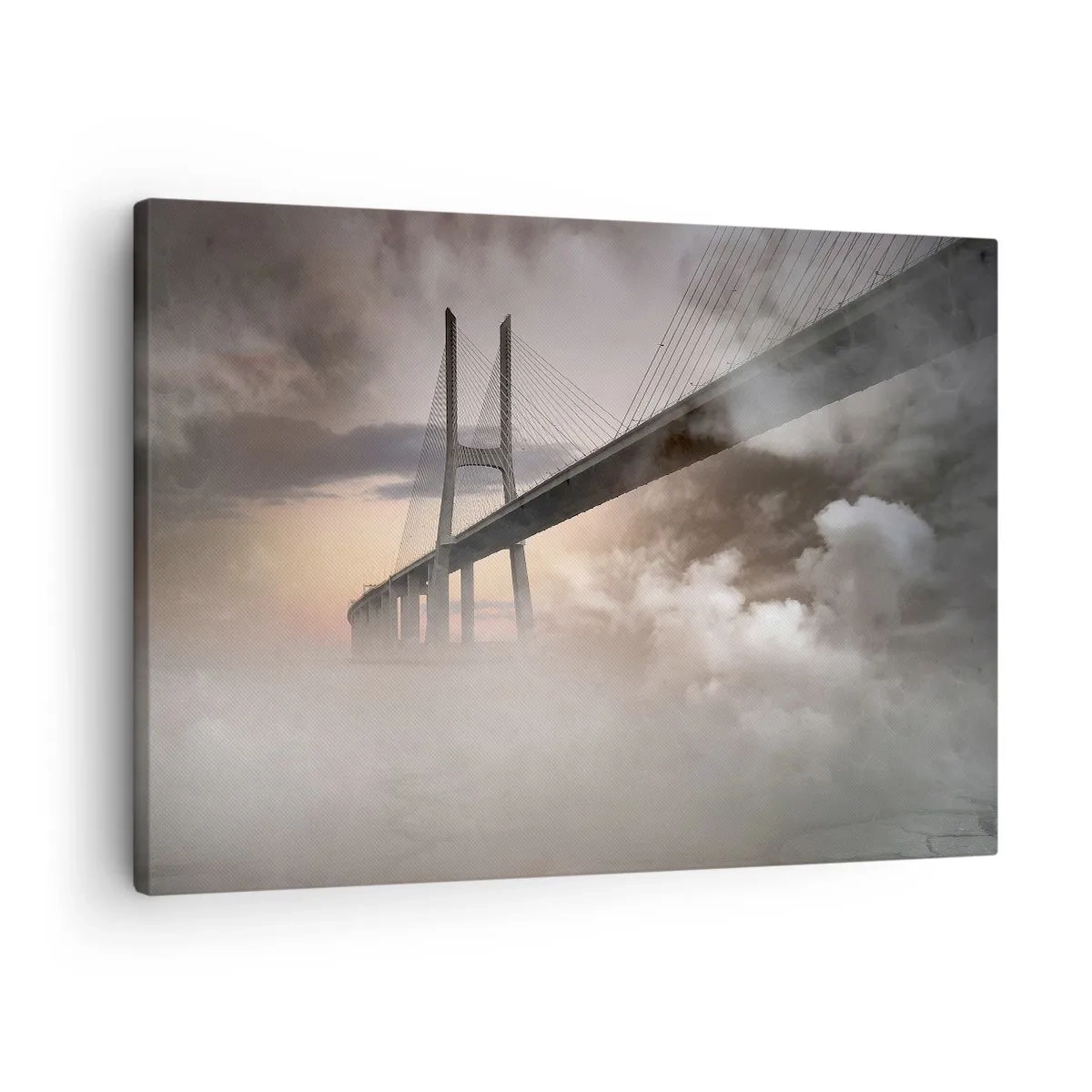 Impression sur toile - Image sur toile - Un pont sur une rivière entouré de brouillard le matin - 70x50cm - Sur la rivière qui n'existe pas - Décoration murale moderne pour le salon et la chambre ARTTOR