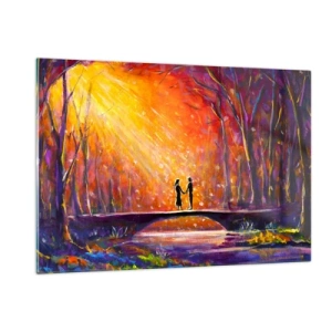 Impression sur verre - Image sur verre - Un couple sur un pont à la lumière du soleil couchant, entouré d'arbres. - 120x80cm - Le ciel les aime aussi - Décoration murale moderne pour le salon et la chambre ARTTOR