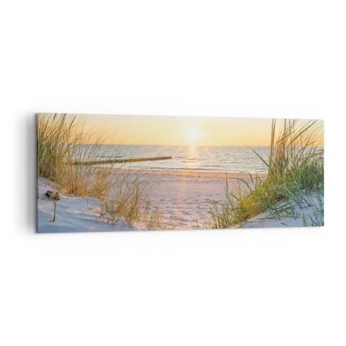 Impression sur toile - Image sur toile - Une plage de sable avec vue sur le coucher de soleil sur la mer - 140x50cm - Le bruit de la mer, le chant des oiseaux, une plage sauvage parmi les herbes… - Décoration murale moderne pour le salon et la chambre ART