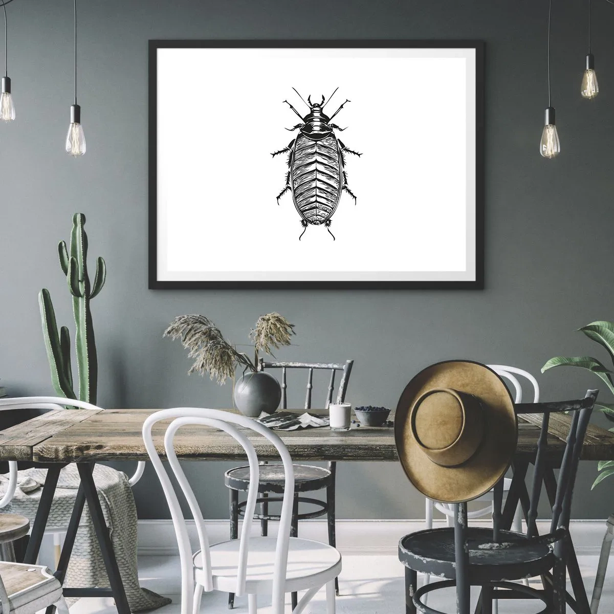 Affiche dans un cadre noir - Poster - Graphique d'un insecte noir et blanc sur fond blanc - 100x70cm - Quel spécimen! - Décoration murale moderne pour le salon et la chambre ARTTOR