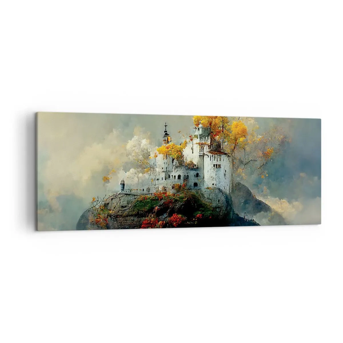 Impression sur toile - Image sur toile - Un château sur une colline entouré d'arbres d'automne - 140x50cm - Le début d'une histoire romantique - Décoration murale moderne pour le salon et la chambre ARTTOR