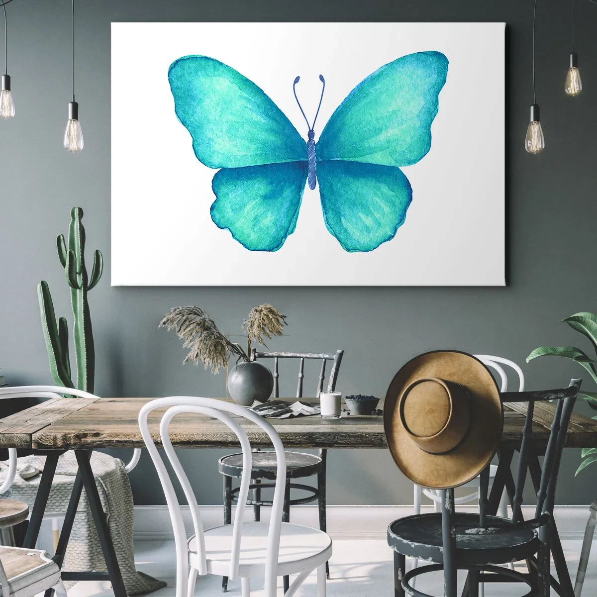 Impression sur toile - Image sur toile - Papillon bleu en style aquarelle sur fond blanc - 120x80cm - Nature turquoise - Décoration murale moderne pour le salon et la chambre ARTTOR