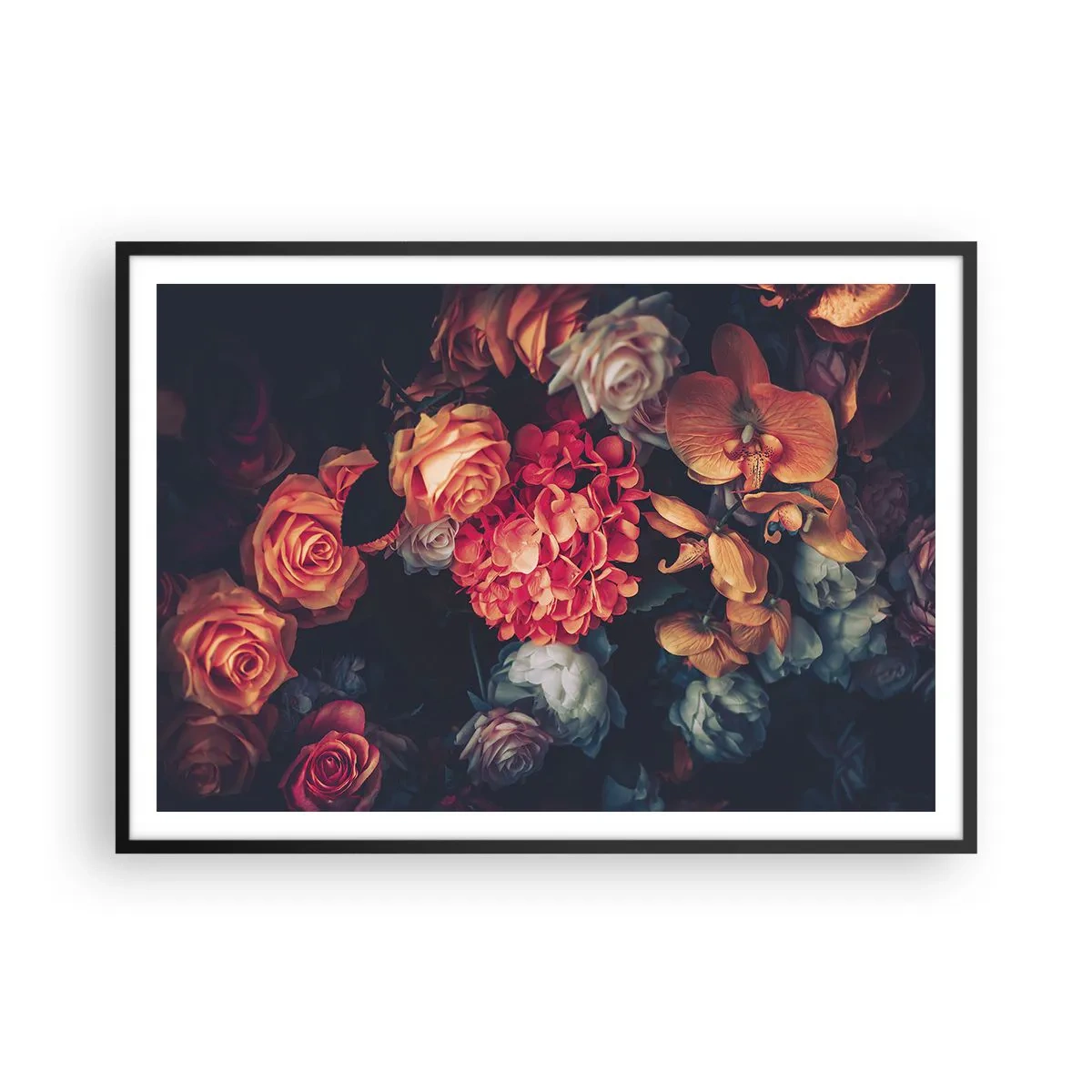Affiche dans un cadre noir - Poster - Un bouquet de fleurs variées aux tons sombres - 100x70cm - Comme chez les maîtres hollandais - Décoration murale moderne pour le salon et la chambre ARTTOR