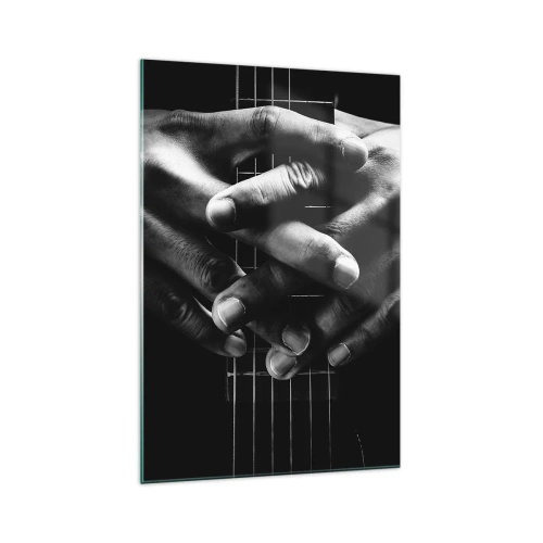 Impression sur verre - Image sur verre - Mains jointes sur une guitare dans un ton monochrome - 70x100cm - Prière d'artiste - Décoration murale moderne pour le salon et la chambre ARTTOR