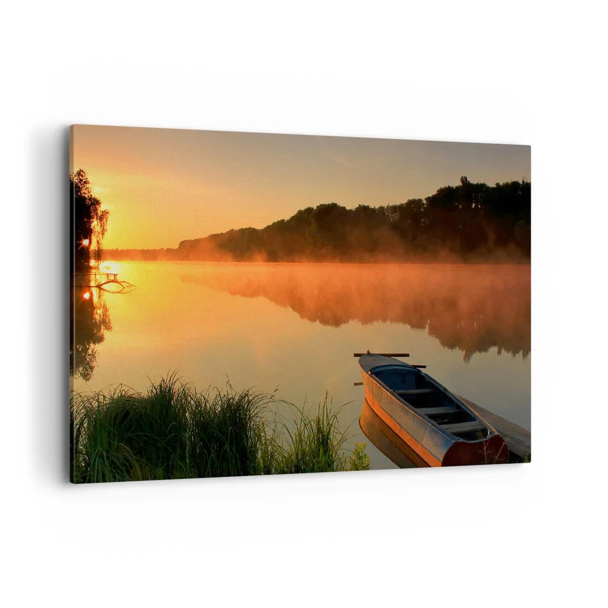 Impression sur toile - Image sur toile - Brouillard matinal sur la rivière avec un bateau sous les rayons du soleil - 100x70cm - Lever du soleil sur l'eau comme un miroir - Décoration murale moderne pour le salon et la chambre ARTTOR