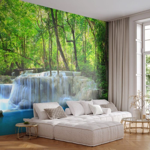 Papier Peint Photo Premium Sand - Une cascade exotique dans une forêt tropicale verte - 100x70cm - Se noyer dans le turquoise et le vert - Décoration murale moderne pour le salon et la chambre ARTTOR