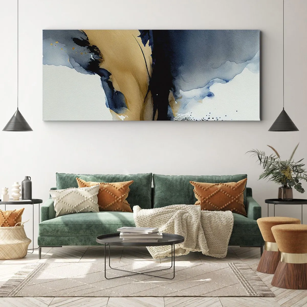 Impression sur toile - Image sur toile - Une composition abstraite dans les tons bleu marine et or - 160x50cm - Derrière le rideau - Décoration murale moderne pour le salon et la chambre ARTTOR