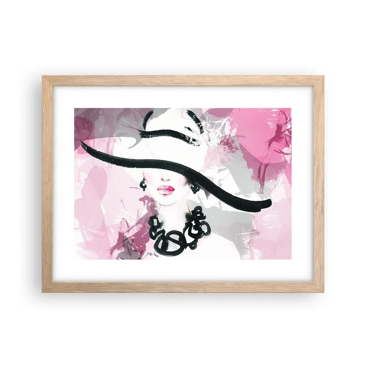 Affiche dans un chêne clair - Poster - Portrait d'une dame en noir et rose - 40x30 cm
