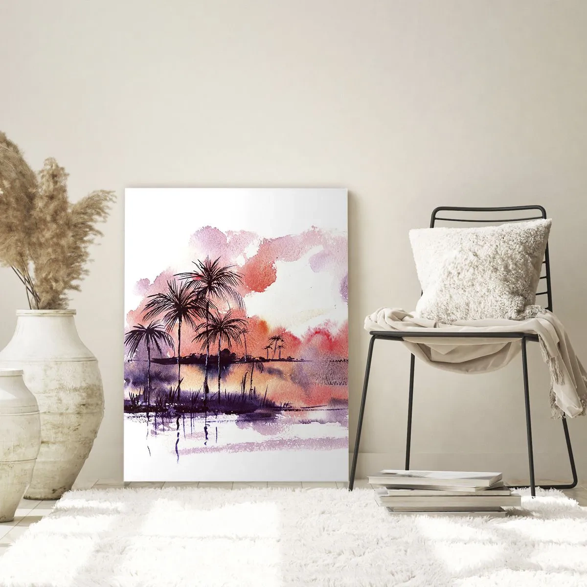 Impression sur verre - Image sur verre - Paysage tropical avec palmiers au coucher du soleil à l'aquarelle - 80x120cm - La tranquillité des tropiques en rouge - Décoration murale moderne pour le salon et la chambre ARTTOR