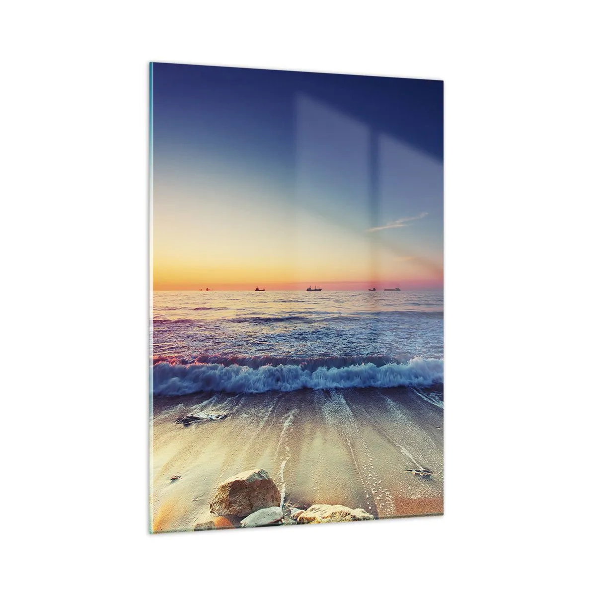 Impression sur verre - Image sur verre - Coucher de soleil sur la plage avec des vagues douces et une mer calme - 50x70cm - Mais quel horizon ? - Décoration murale moderne pour le salon et la chambre ARTTOR