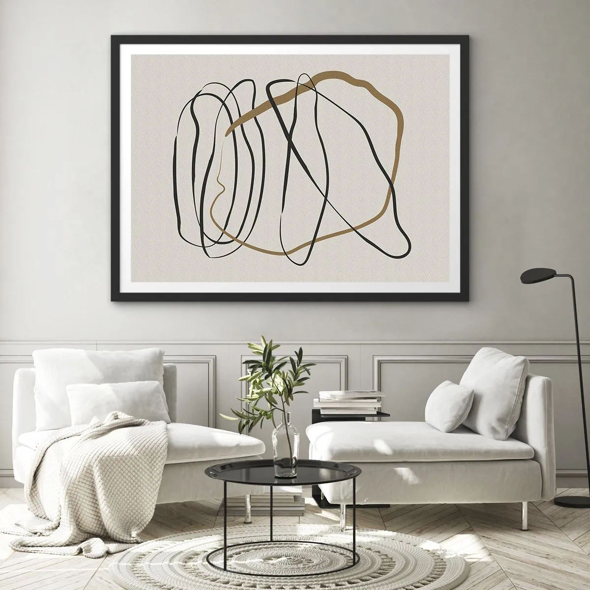 Affiche dans un cadre noir - Poster - Lignes artistiques en noir et or sur fond clair - 70x50cm - Composition – danse en boucle - Décoration murale moderne pour le salon et la chambre ARTTOR