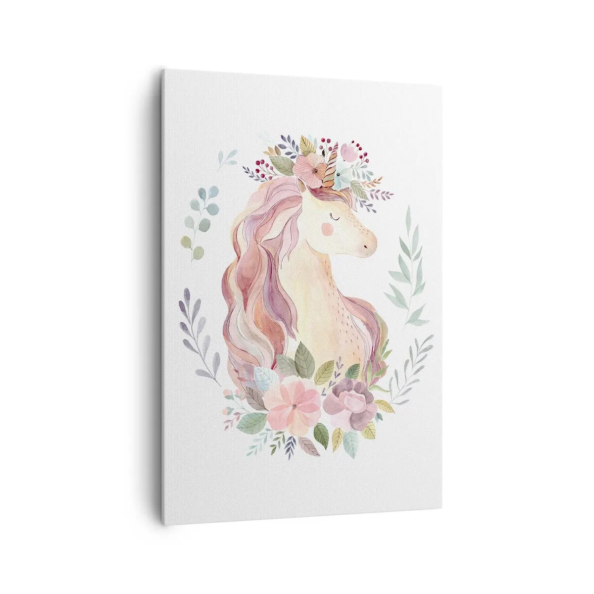Impression sur toile - Image sur toile - Une licorne aux couleurs pastel entourée de fleurs - 70x100cm - Invitation au monde des contes de fées - Décoration murale moderne pour le salon et la chambre ARTTOR