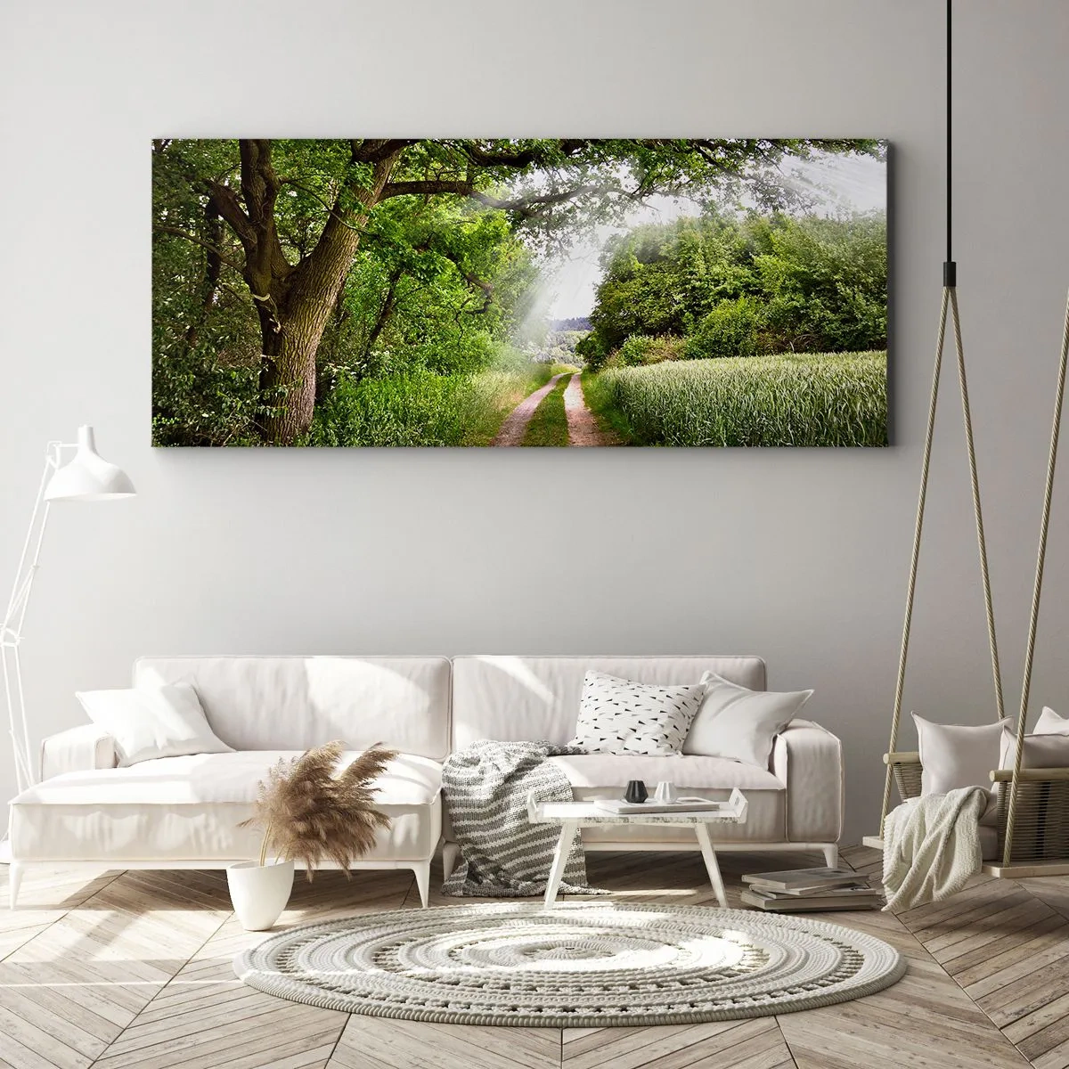 Impression sur toile - Image sur toile - Un chemin de terre parmi les arbres verts et la lumière du soleil - 160x50cm - Et in Arcadia ego - Décoration murale moderne pour le salon et la chambre ARTTOR