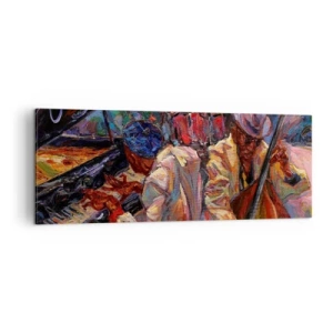 Impression sur toile - Image sur toile - Scène de jazz énergique avec musiciens et instruments - 140x50cm - Dans le même tempo - Décoration murale moderne pour le salon et la chambre ARTTOR