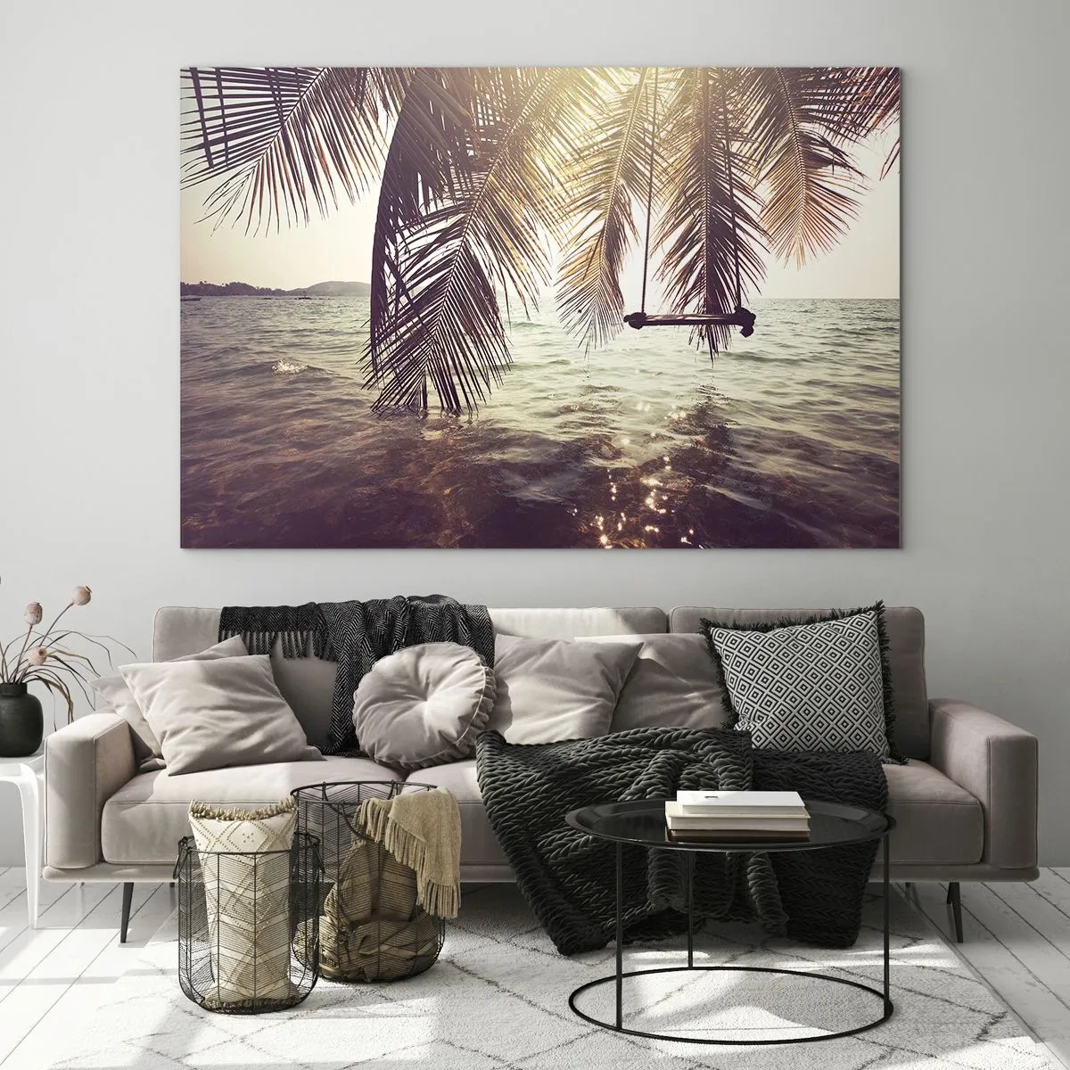 Impression sur verre - Image sur verre - Une plage avec des palmiers et une balançoire sur une mer calme - 120x80cm - Vous pouvez vous balancer dans les nuages