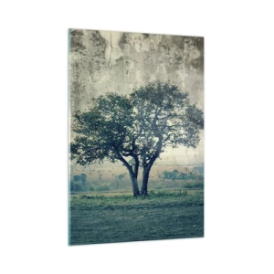 Impression sur verre - Image sur verre - Un arbre solitaire dans un paysage vintage - 50x70cm - Un pommier sur un champ bleu ? - Décoration murale moderne pour le salon et la chambre ARTTOR