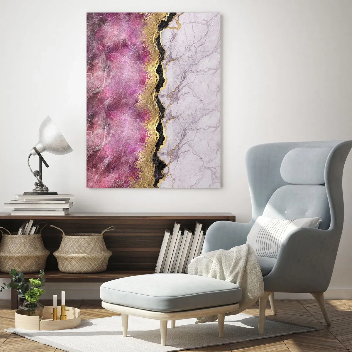 Impression sur verre - Image sur verre - Marbre abstrait dans des tons de rose avec des accents dorés - 70x100cm - À la frontière - Décoration murale moderne pour le salon et la chambre ARTTOR