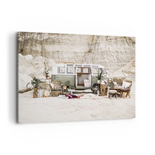 Impression sur toile - Image sur toile - Un camping-car rétro au design bohème sur fond de paysage rocheux. - 120x80cm - Il est temps de commencer le voyage - Décoration murale moderne pour le salon et la chambre ARTTOR
