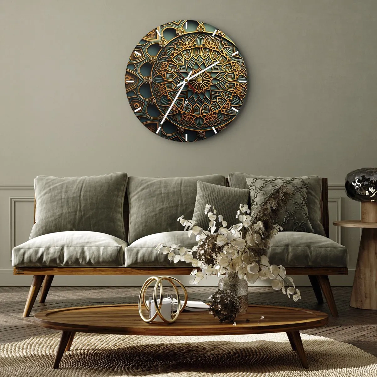 Horloge murale - Pendule murale - Mosaïque de style arabe dorée et turquoise à motifs géométriques - 30x30cm - Dans une ambiance arabe - Décoration murale moderne pour le salon, la cuisine et la chambre ARTTOR