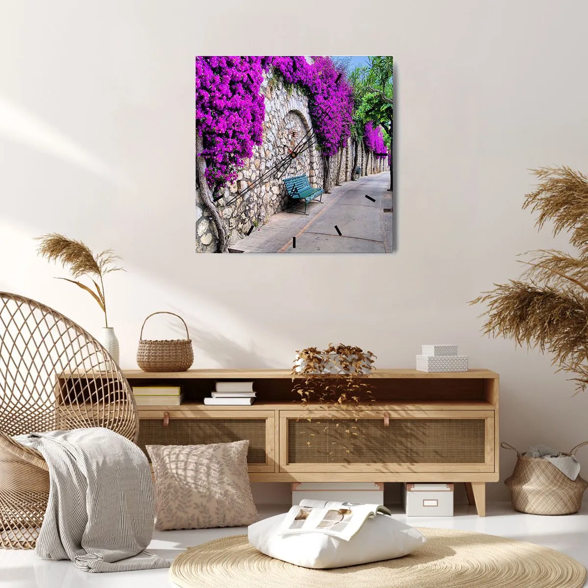 Horloge murale - Pendule murale - Un chemin de pierre avec un banc et des fleurs violettes en fleurs - 30x30cm - Rencontrons-nous au plus vite - Décoration murale moderne pour le salon et la chambre ARTTOR