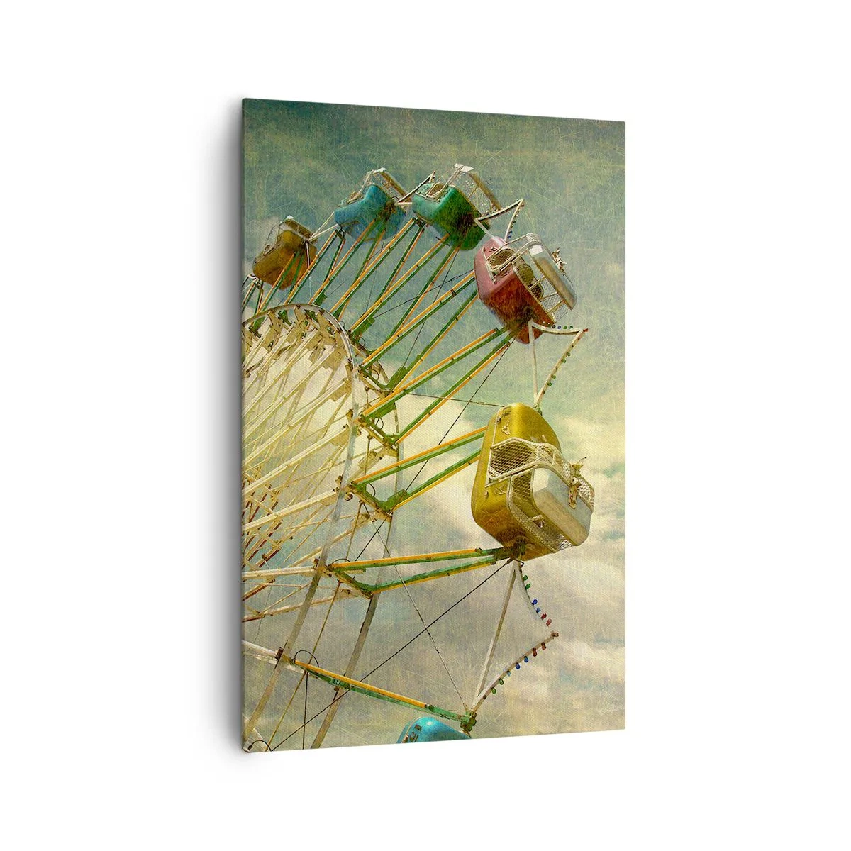 Impression sur toile - Image sur toile - Photo rétro d'une grande roue avec des palmiers contre le ciel - 80x120cm - On va faire la fête - Décoration murale moderne pour le salon et la chambre ARTTOR