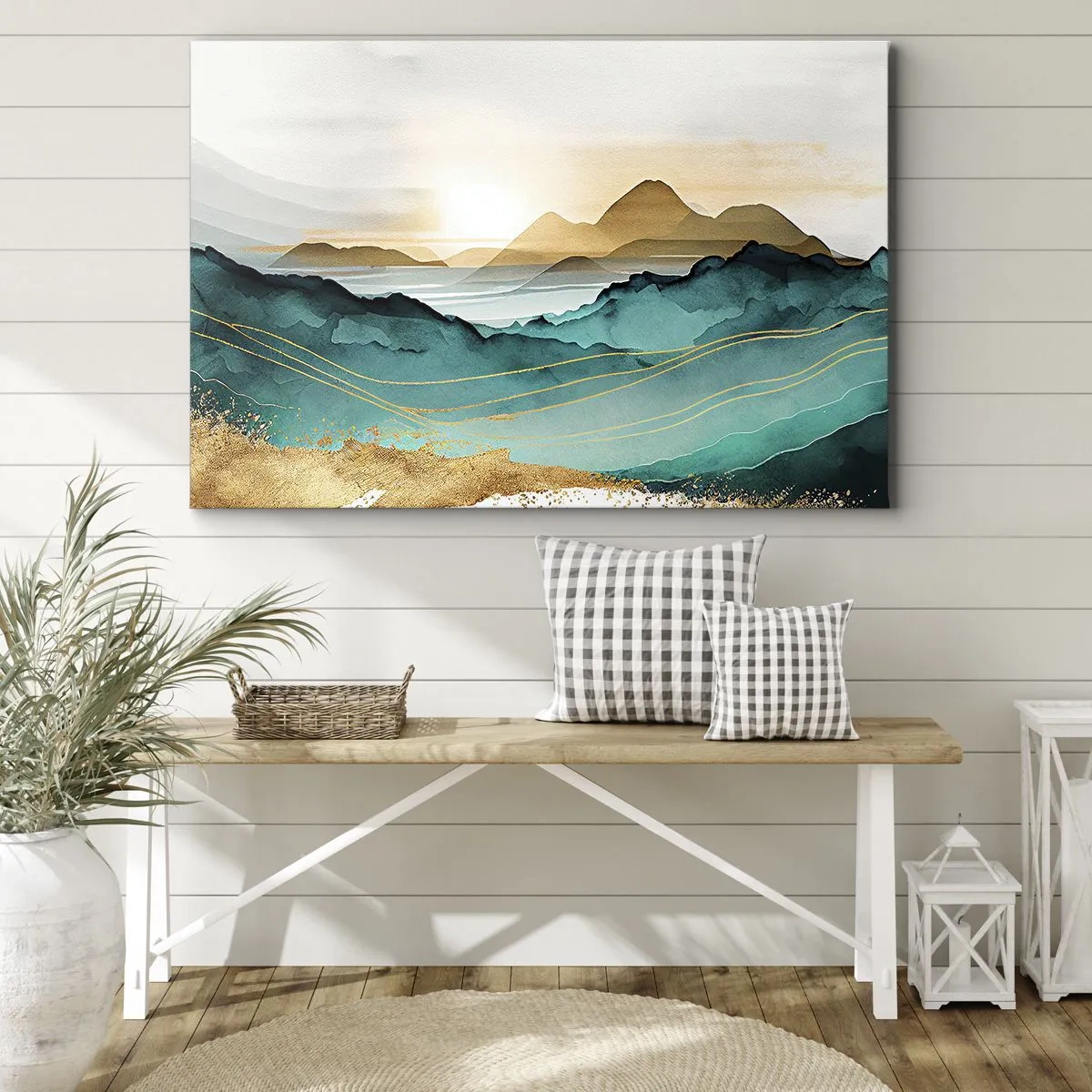 Impression sur toile - Image sur toile - Paysage abstrait avec des montagnes et des accents dorés - 120x80cm - Au frontière de l’abstraction – paysage - Décoration murale moderne pour le salon et la chambre ARTTOR