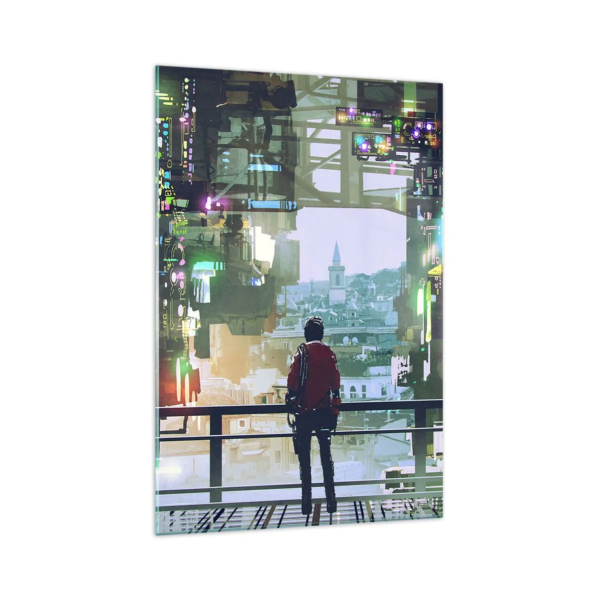 Impression sur verre - Image sur verre - Une silhouette dans une ville futuriste avec des néons - 70x100cm - Deux mondes - Décoration murale moderne pour le salon et la chambre ARTTOR