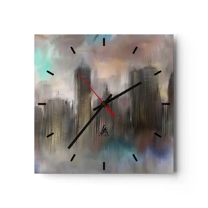 Horloge murale - Pendule murale - Une vision artistique d'un paysage urbain avec des gratte-ciels aux couleurs pastel. - 30x30cm - Une composition d'acier, de pierre et de brouillard - Décoration murale moderne pour le salon et la chambre ARTTOR