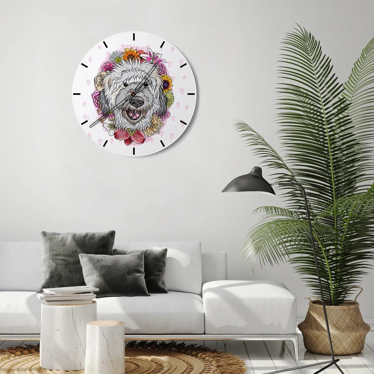 Horloge murale - Pendule murale - Illustration d'un chien entouré de fleurs et de cœurs - 30x30cm - La joie du chiot - Décoration murale moderne pour le salon, la cuisine et la chambre ARTTOR