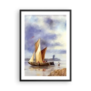 Affiche dans un cadre noir - Poster - Un voilier sur le rivage avec un moulin à vent en arrière-plan - 50x70cm - Retour de marin - Décoration murale moderne pour le salon et la chambre ARTTOR