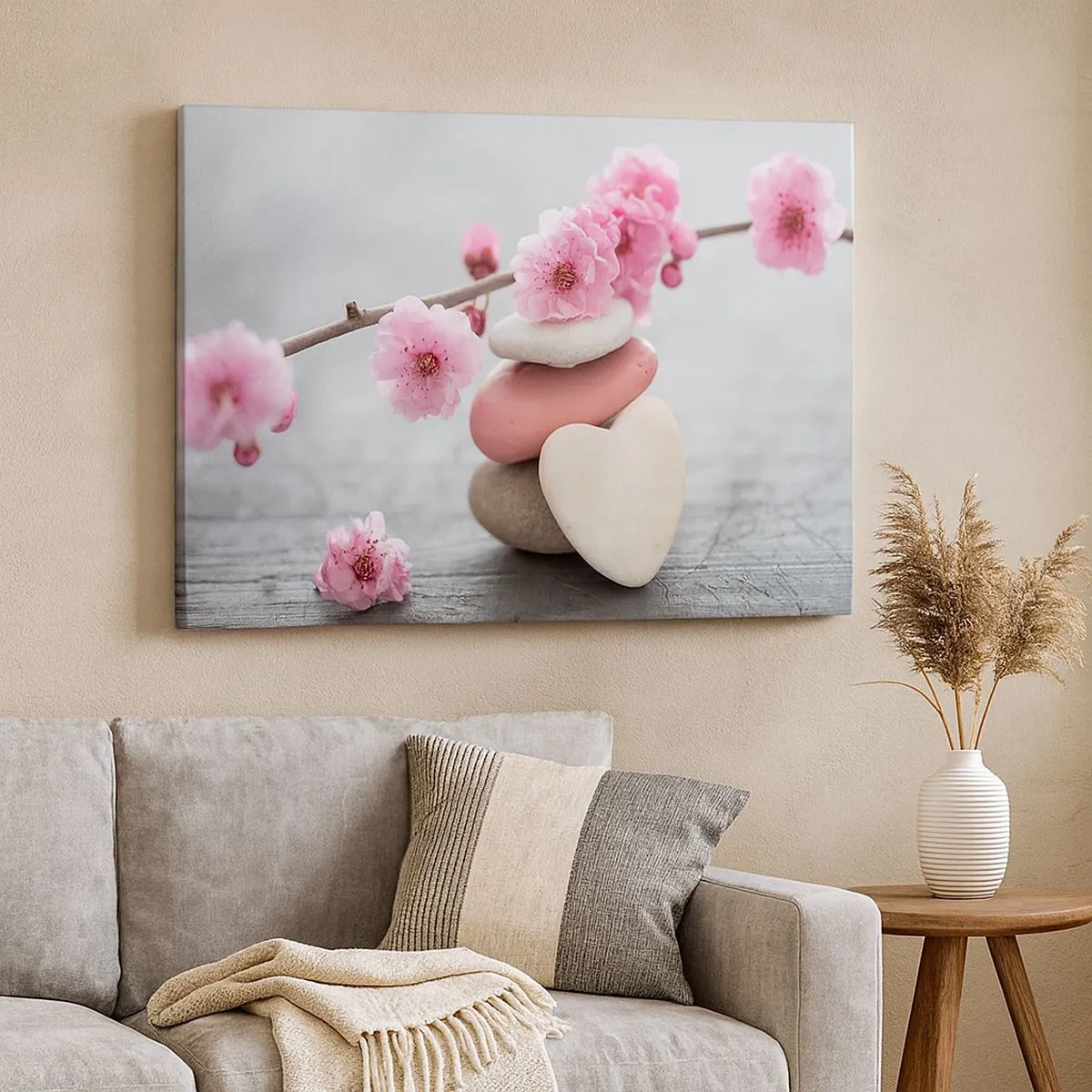Impression sur toile - Image sur toile - Fleurs de cerisier délicates avec des pierres en forme de cœur - 70x50cm - Le bonheur avec une fleur de cerisier - Décoration murale moderne pour le salon et la chambre ARTTOR