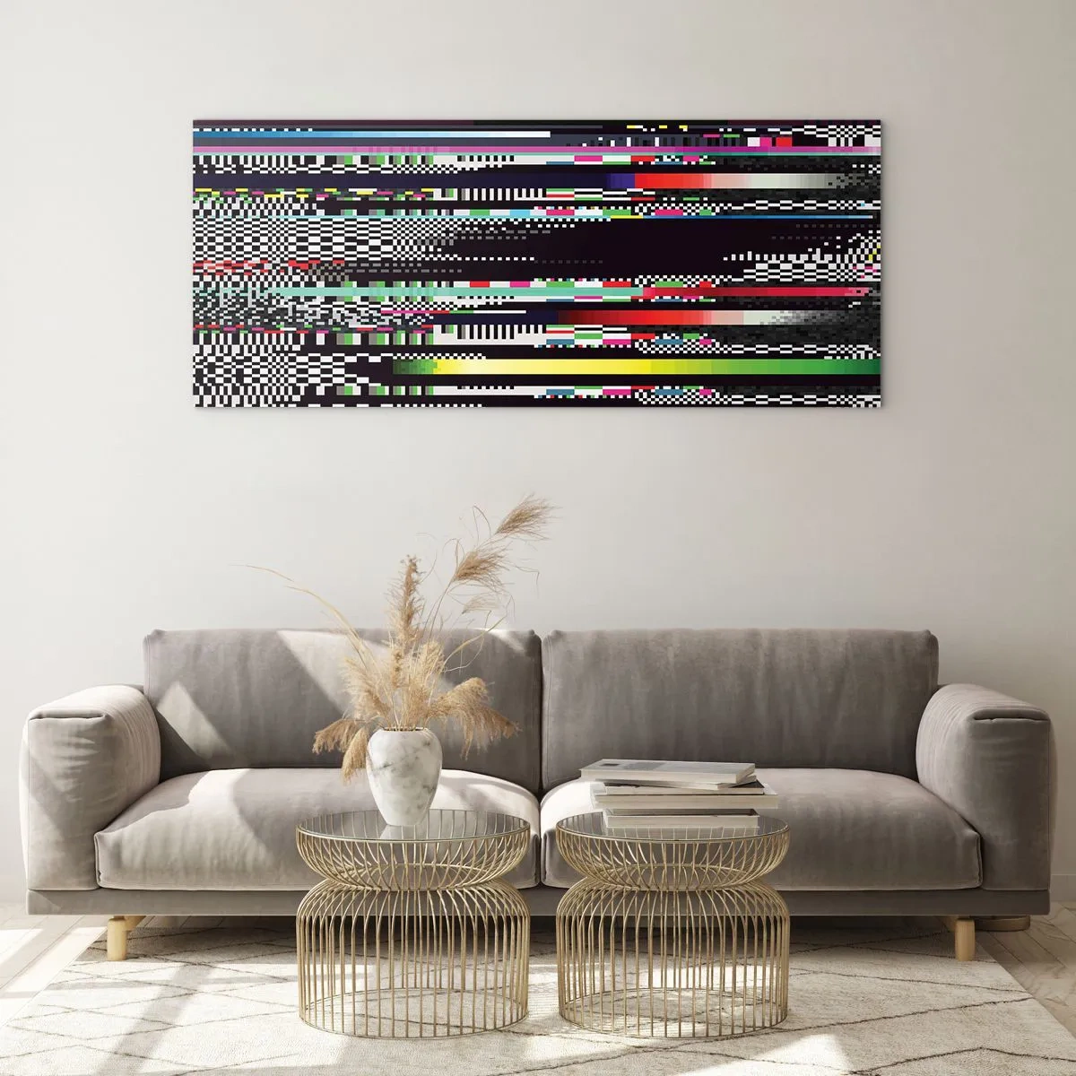 Impression sur verre - Image sur verre - Lignes et pixels colorés dans un style abstrait - 160x50cm - L'image de contrôle de la réalité - Décoration murale moderne pour le salon et la chambre ARTTOR
