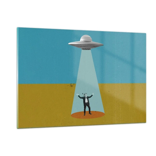 Impression sur verre - Image sur verre - Un homme à la lumière d'une soucoupe spatiale sur un fond coloré - 120x80cm - Rencontre proche - Décoration murale moderne pour le salon et la chambre ARTTOR