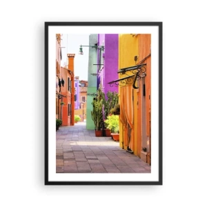 Affiche dans un cadre noir - Poster - Une rue colorée avec des plantes et des façades de bâtiments vibrantes - 50x70cm - Allée arc-en-ciel - Décoration murale moderne pour le salon et la chambre ARTTOR