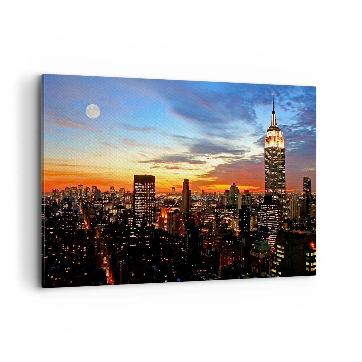 Impression sur toile - Image sur toile - Panorama de la ville avec des gratte-ciel illuminés au crépuscule - 120x80cm - Nuit américaine lumineuse - Décoration murale moderne pour le salon et la chambre ARTTOR