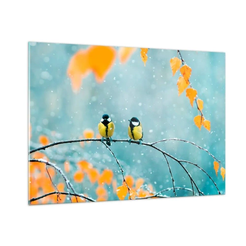 Impression sur verre - Image sur verre - Deux mésanges assises sur une brindille parmi les feuilles qui tombent - 100x70cm - Potins d'oiseaux - Décoration murale moderne pour le salon et la chambre ARTTOR