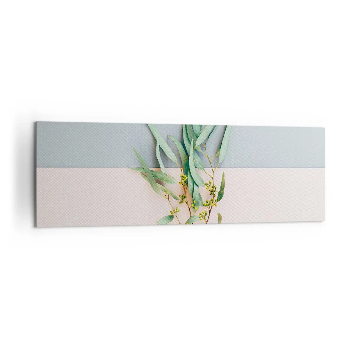 Impression sur toile - Image sur toile - Une branche avec des feuilles sur un fond de tons pastel - 160x50cm - Subtilité pastel - Décoration murale moderne pour le salon et la chambre ARTTOR