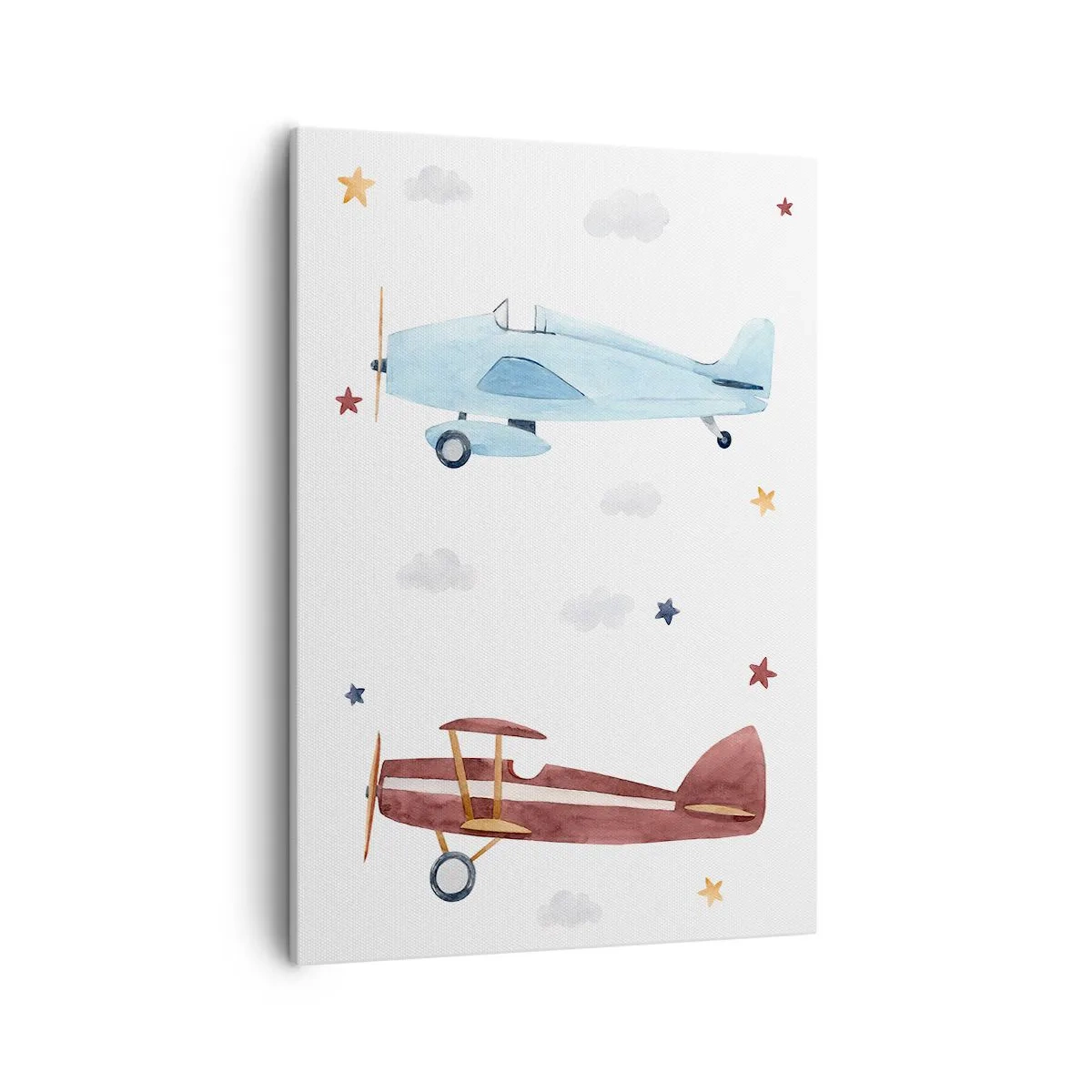 Impression sur toile - Image sur toile - Avions peints à la main sur fond de nuages et d'étoiles - 50x70cm - Monsieur le pilote, nous vous attendons ! - Décoration murale moderne pour le salon et la chambre ARTTOR
