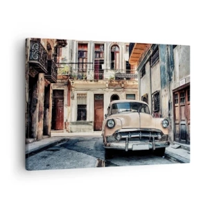 Impression sur toile - Image sur toile - Une voiture classique sur fond d'architecture urbaine - 70x50cm - Sieste à La Havane - Décoration murale moderne pour le salon et la chambre ARTTOR