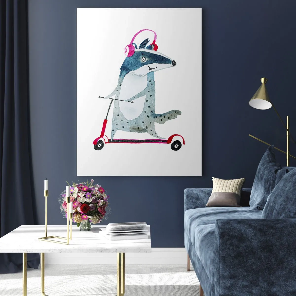 Impression sur verre - Image sur verre - Blaireau sur un scooter avec des écouteurs roses - 70x100cm - La joie du blaireau - Décoration murale moderne pour le salon et la chambre ARTTOR
