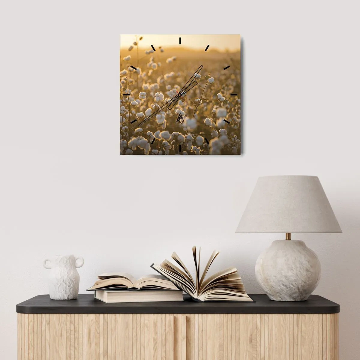 Horloge murale - Pendule murale - Un champ de coton dans la chaude lumière du soleil couchant - 30x30cm - Champ moelleux - Décoration murale moderne pour le salon et la chambre ARTTOR