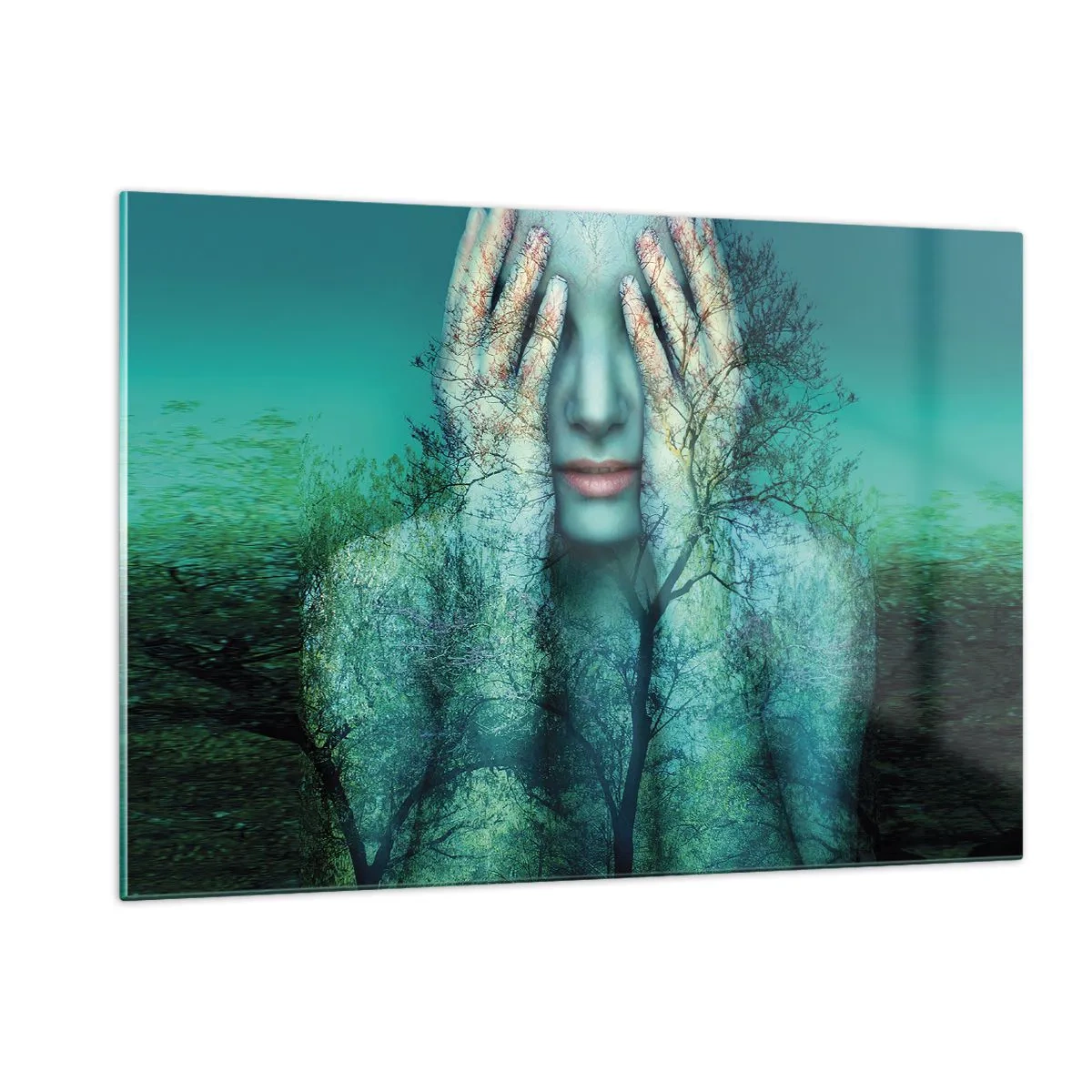 Impression sur verre - Image sur verre - Un visage de femme avec un motif d'arbre dans un décor surréaliste - 120x80cm - immergé dans l'azur - Décoration murale moderne pour le salon et la chambre ARTTOR