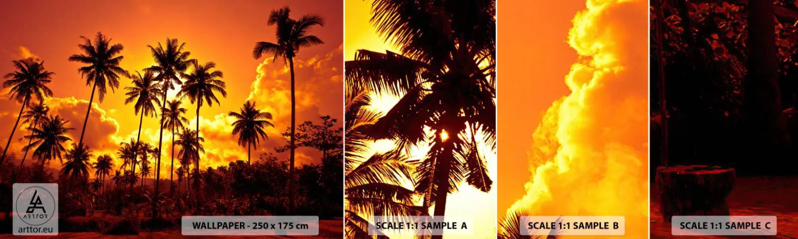 Échantillon De Papier Peint Standard Eco - Montagnes en feu, forêts en feu - palmiers, Tropiques, Soleil - 100x30 cm