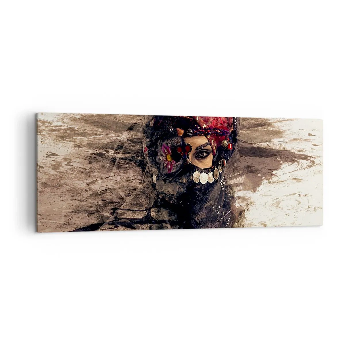 Impression sur toile - Image sur toile - Portrait artistique d'une femme en tenue orientale sur fond abstrait. - 140x50cm - Inquiétant, c'est le moins qu'on puisse dire - Décoration murale moderne pour le salon et la chambre ARTTOR